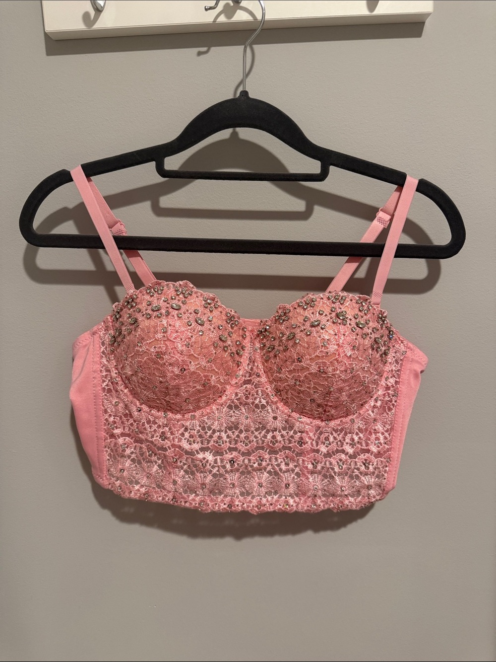 Pink Lace Embellished Longline Bralette